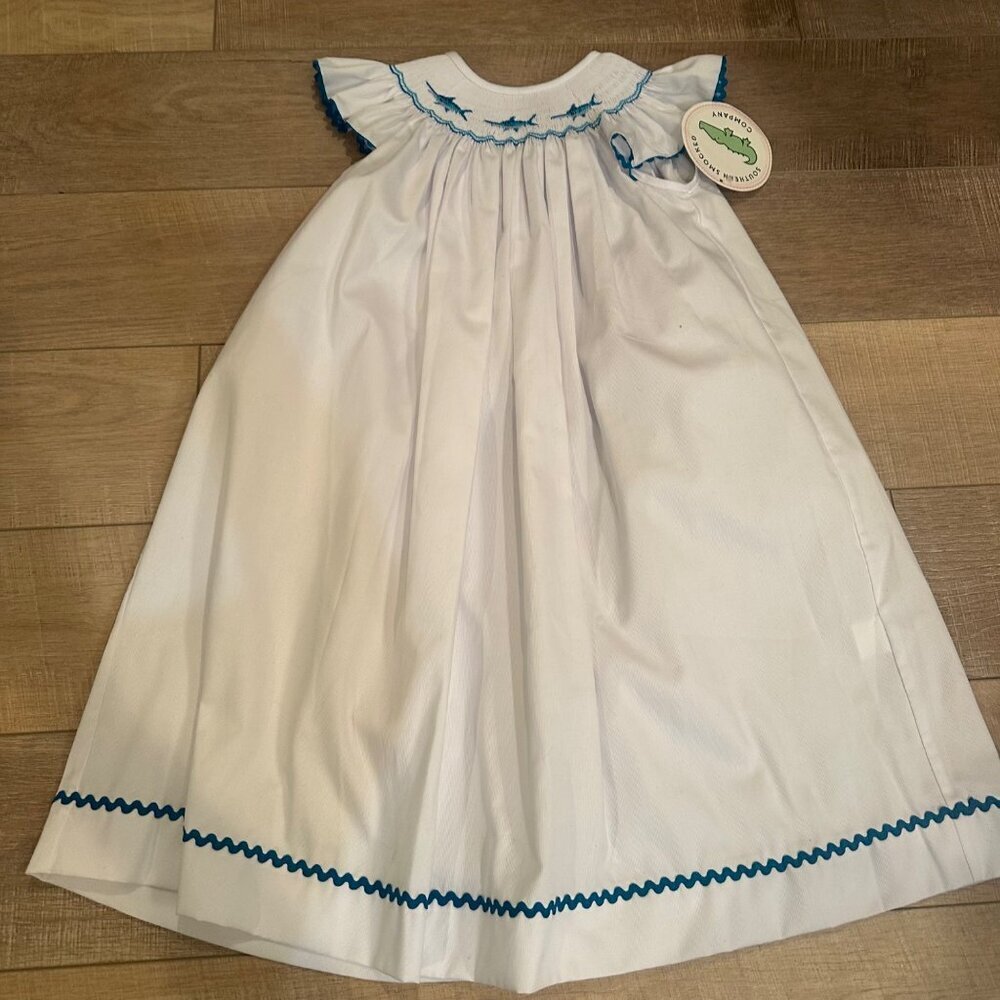 SOUTHERN SMOCKED WHITE DRESS NEW BLUE MARLINS FISH SIZE 8